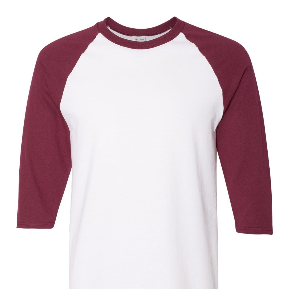 Gildan Raglan 3/4 sleeve t shirt. Colors:white/maroon